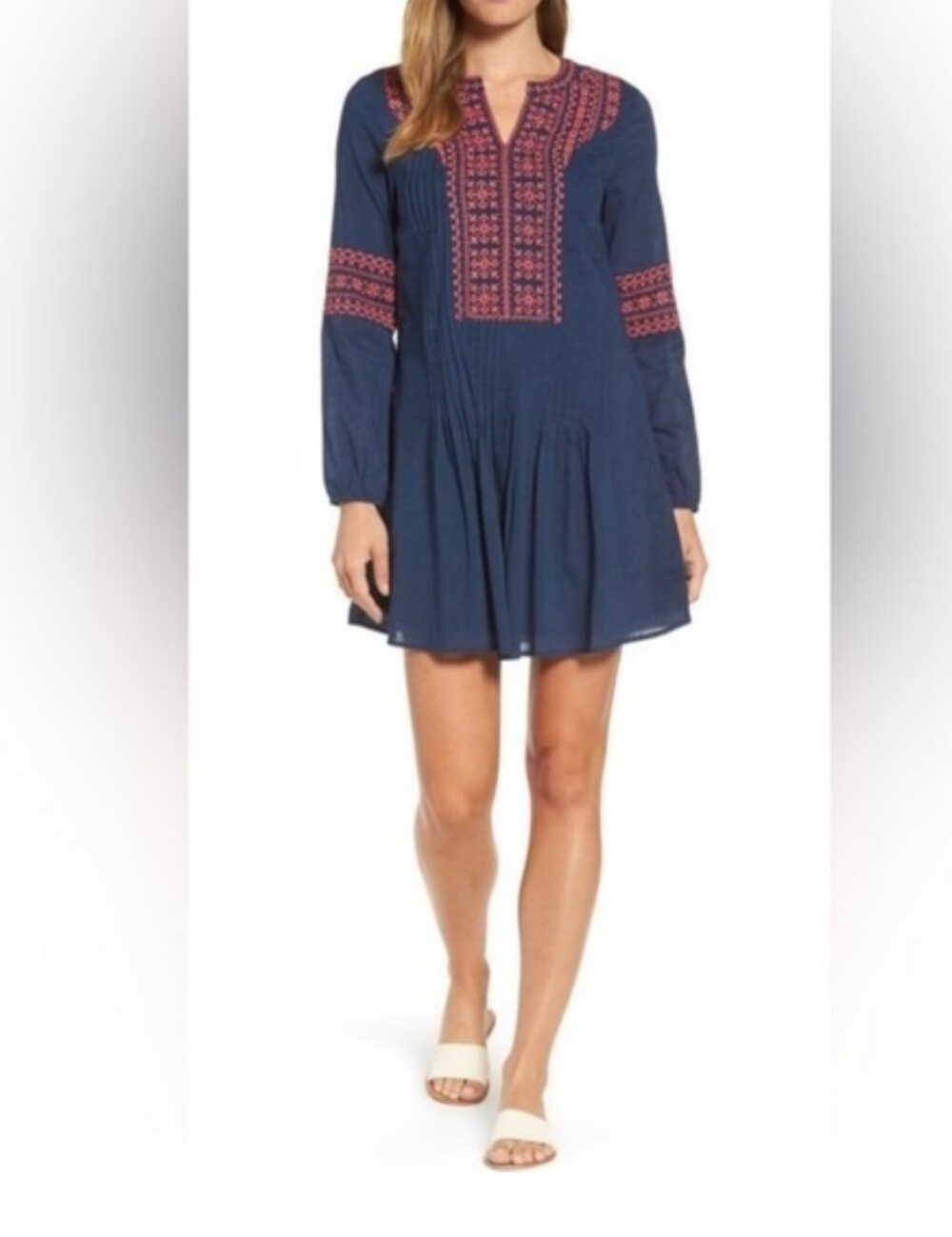 Vineyard Vines Navy Pintuck Dress Pink Embroidery, Small